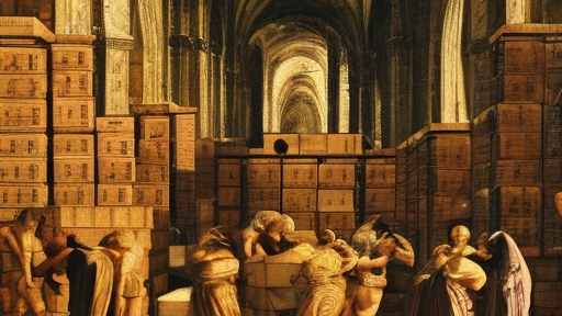 the inside of a church where boxes are stacked