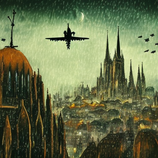 a gothic city with an airplane flying overhead