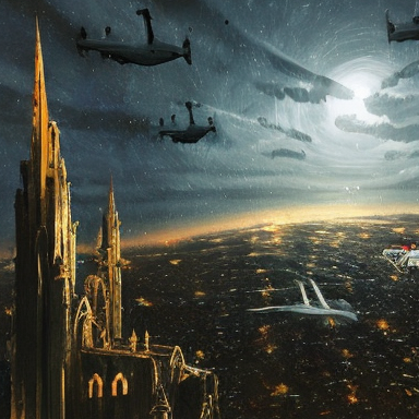 sci-fi planes fly over a cathedral